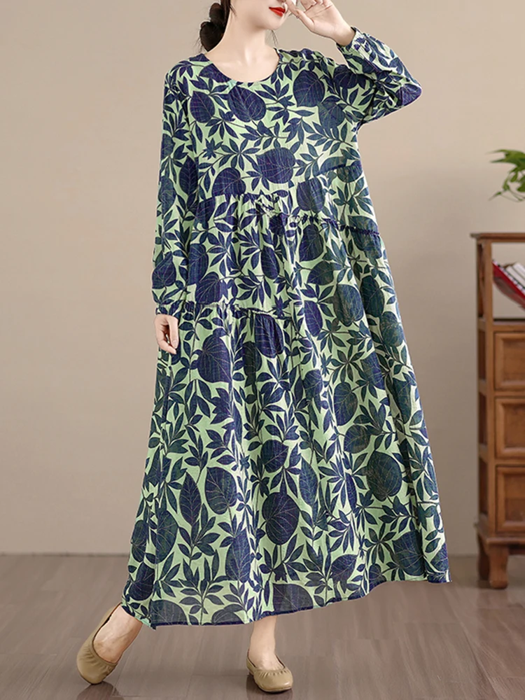 Cotton Long Sleeve Print Vintage Dresses Women Casual Loose Long Dress Office Lady Vestidos Elegant Clothing Spring Autumn 2025