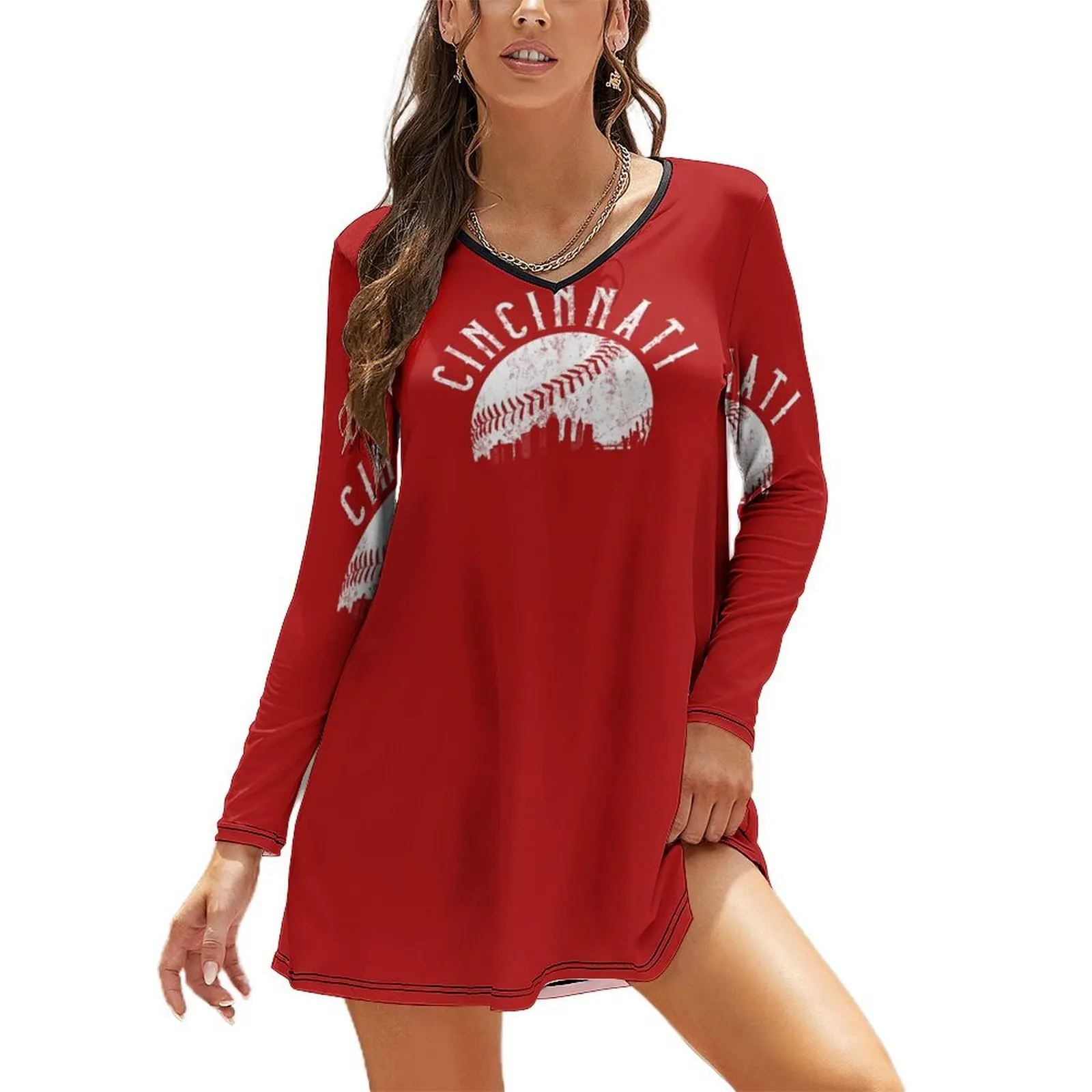 

Vintage cincinnati baseball Long Sleeved Loose Dress festival outfit women long dresses for women