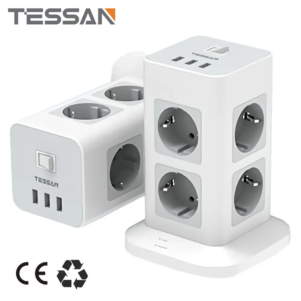 Prises, multiprises et accessoires électriques Tessan 5 en 1 Multiprise  Electrique Murale 3 Prises et 2 Ports USB,Interrupteur,Gris