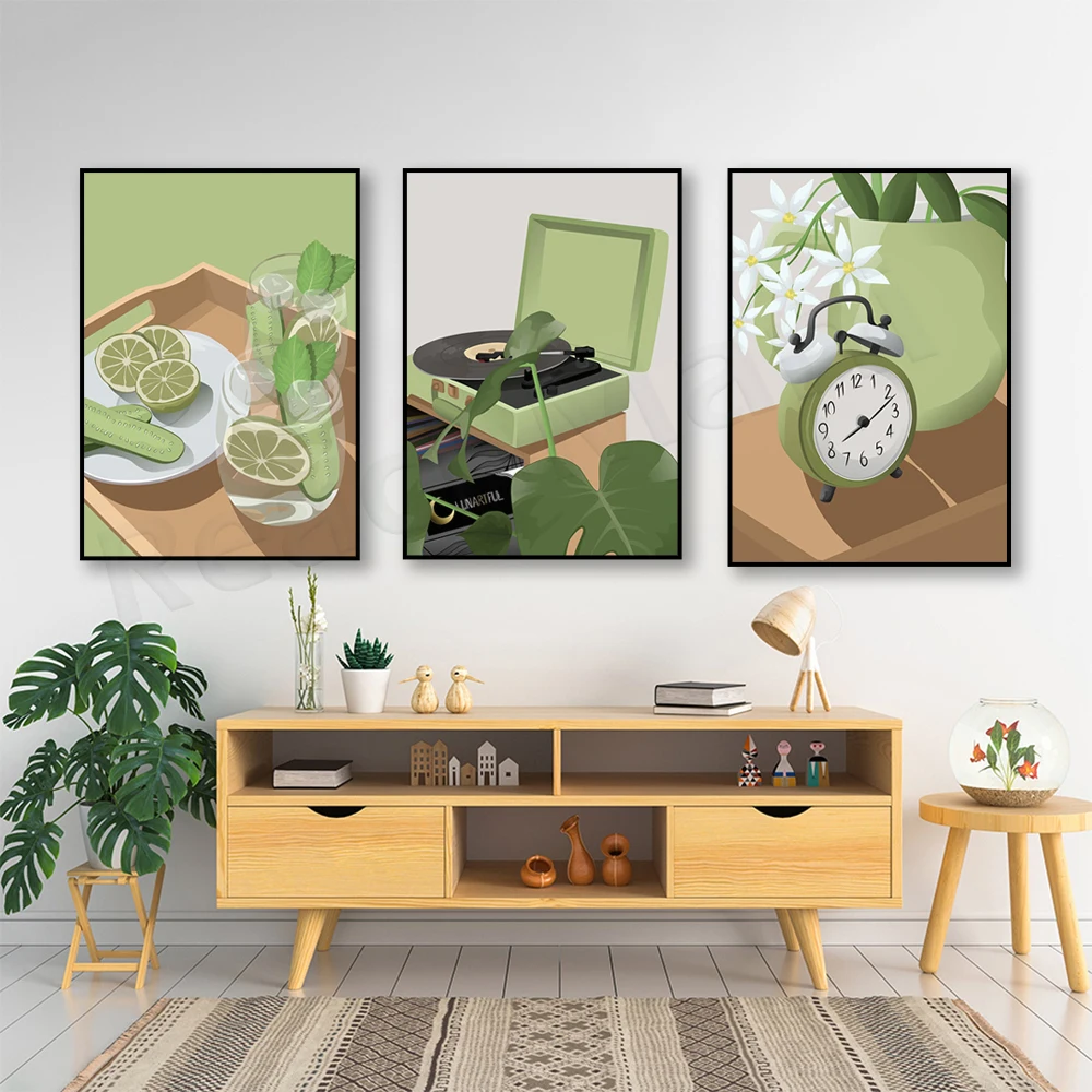 

Vintage alarm clock illustration, nice picnic poster, aesthetic mint, portable suitcase record player, colorful decor