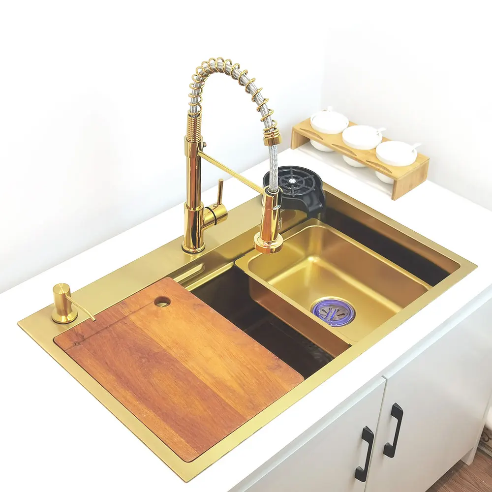 4-function kitchen faucet nano kitchen sink Golden Waterfall tap Stainless Steel Single Bowl Wash Basin Anti-scratch sinks Gold