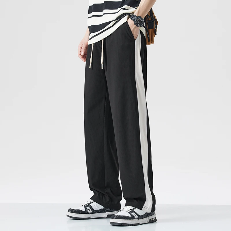 Ice Shreds Straight Trousers Summer New Men's Contrast Color Patchwork Elastic Sagging Drawstring Sensation Fashion Loose Pants