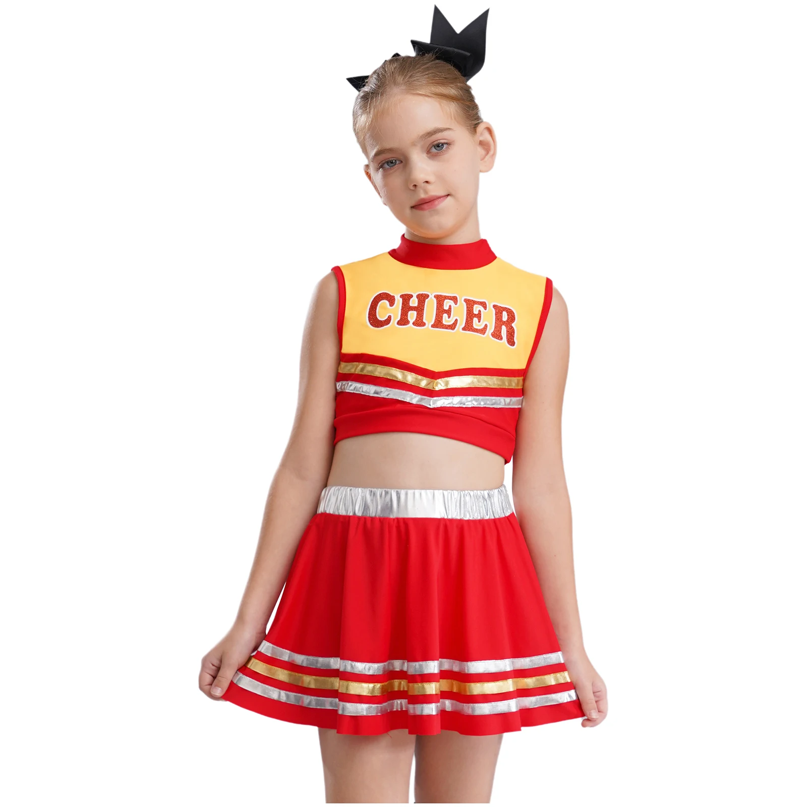 Kinder Mädchen Cheerleader Cheerleading Tanz Performance Kostüm Buchstaben bedrucktes Crop Top mit metallisch gestreiften Rock und Shorts – Detail 34