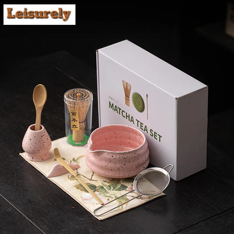 Ink Dot Romantic Pink Matcha Eight-piece Set Song Dynasty Tools Tea Whisk Brush Powder Sieve Japanese Ceramic Bow Tea Items Gift