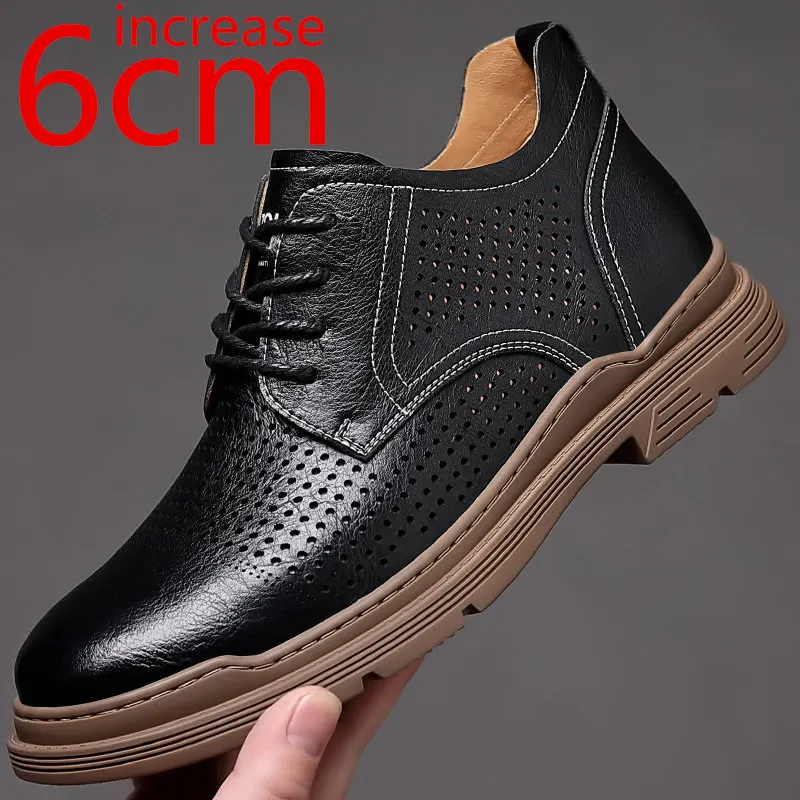 

Summer Breathable Sandals Men Increased 6cm Genuine Leather Inner Height Increasing Leisure Perforated Hollow Sandals Men Shoes