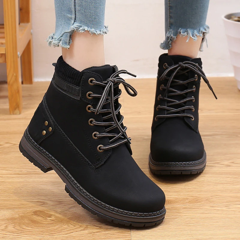 

Fashion Women Ankle Snow Boots Ladies Leather Booties Winter Plush Warm Motocycle Boots Female Casual lace-up High Top Shoes