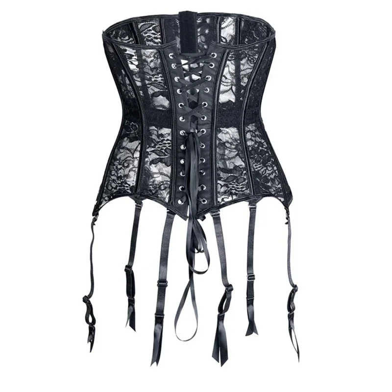 Women Black Bustiers & Corsets Cincher Sexy With Garter Belt Lace Mesh Breathable Underbust Corset Waist Trainer Slim Bustiers