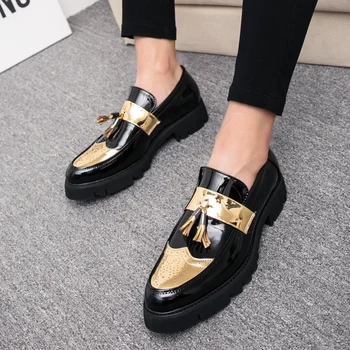 Fashion Golden Men's Casual Slip-On Tassel Patent Loafers Thick Bottom Elevator Shoes Men's Party Shoes Business Shoes Brogue 1