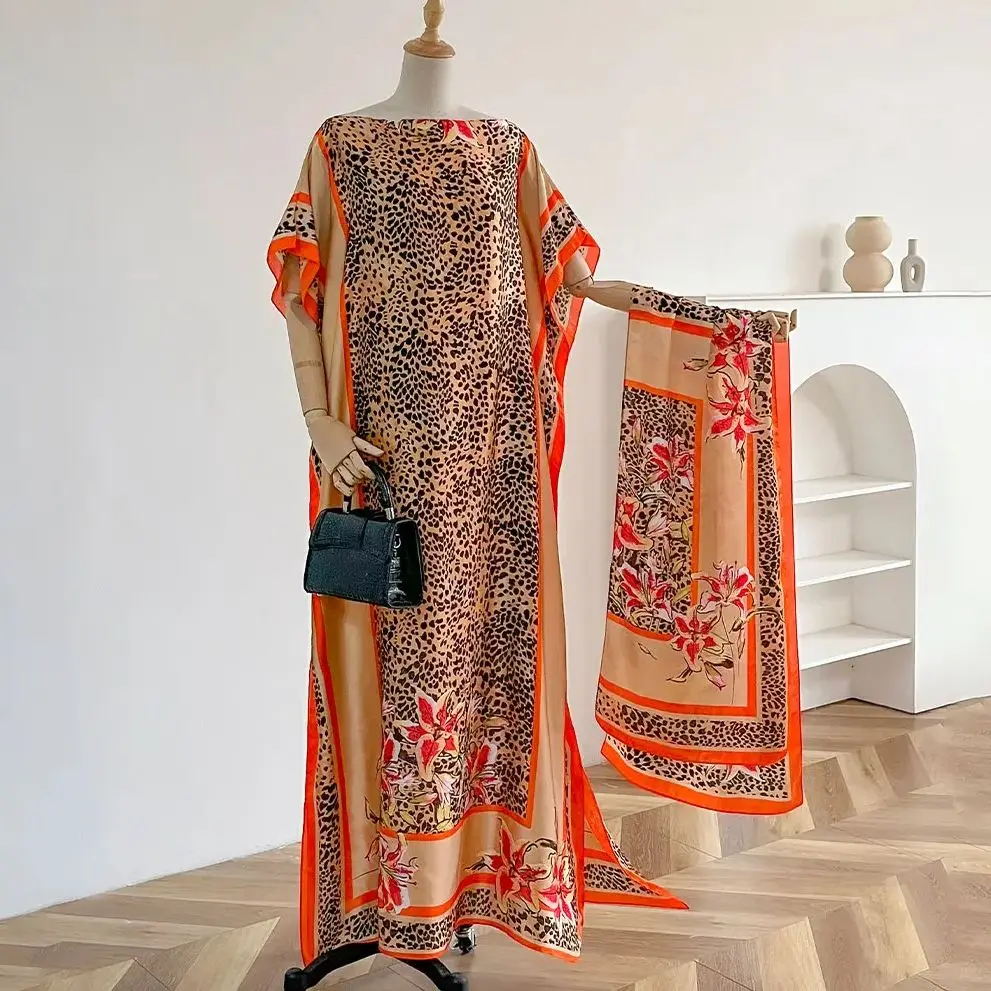 NEW Fashion Summer Dress With Big Scarf Dubai Turkey Kaftan Muslim Loose Abaya Women African Casual Leopard Print Shawl Robe