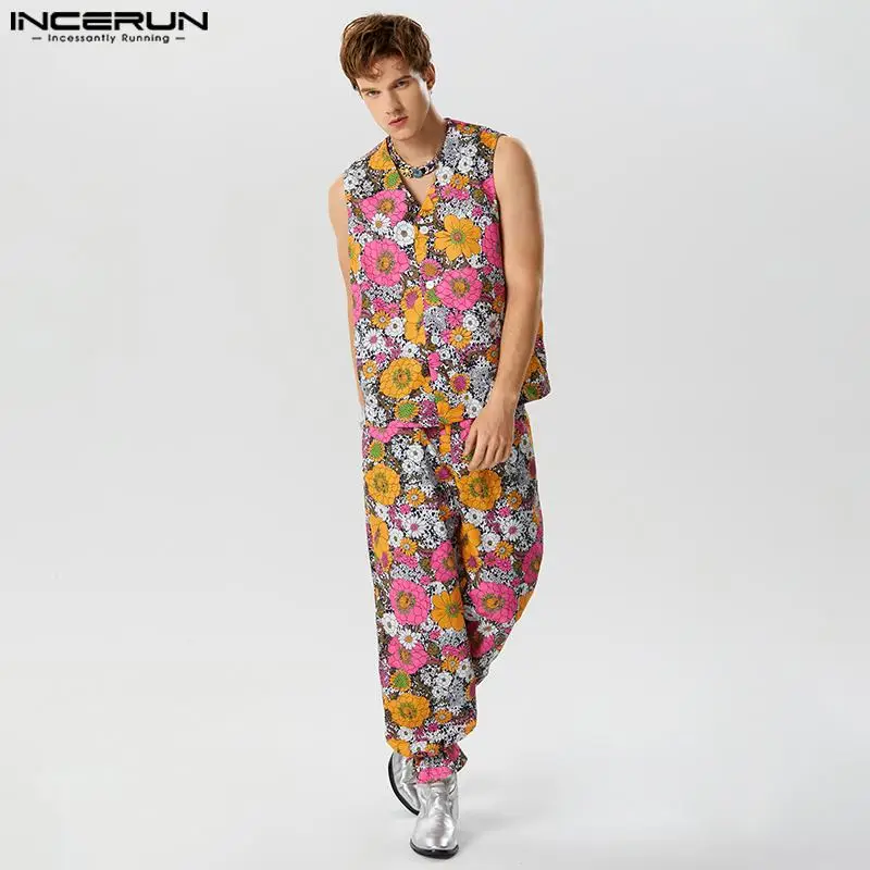 

INCERUN Men Sets Floral Printing V Neck Sleeveless Tank Tops & Pants 2CPS Streetwear Loose 2023 Vacation Men Casual Suits S-5XL