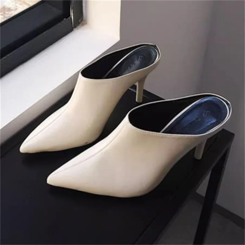 

Sewing Lines Shoes for Women Pu Leather Thin High Heels Pointed Toes Female Mules Shallow Zapatos Mujer Solid Chassure Tacones