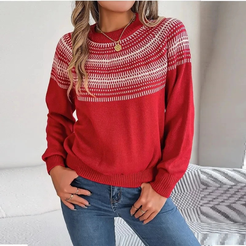 

Casual Loose Knit Sweater Pullover For Autumn/Winter Women's Pullovers O-neck Vintage Pop Contrast Stripe Long Sleeve Sweaters