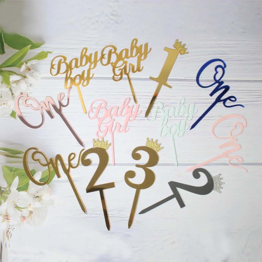 

1 St Birthday Party Cake Topper Happy Wedding Anniversary Cake Decoration Acrylic Crown Number One Flags Baby Shower Supplies