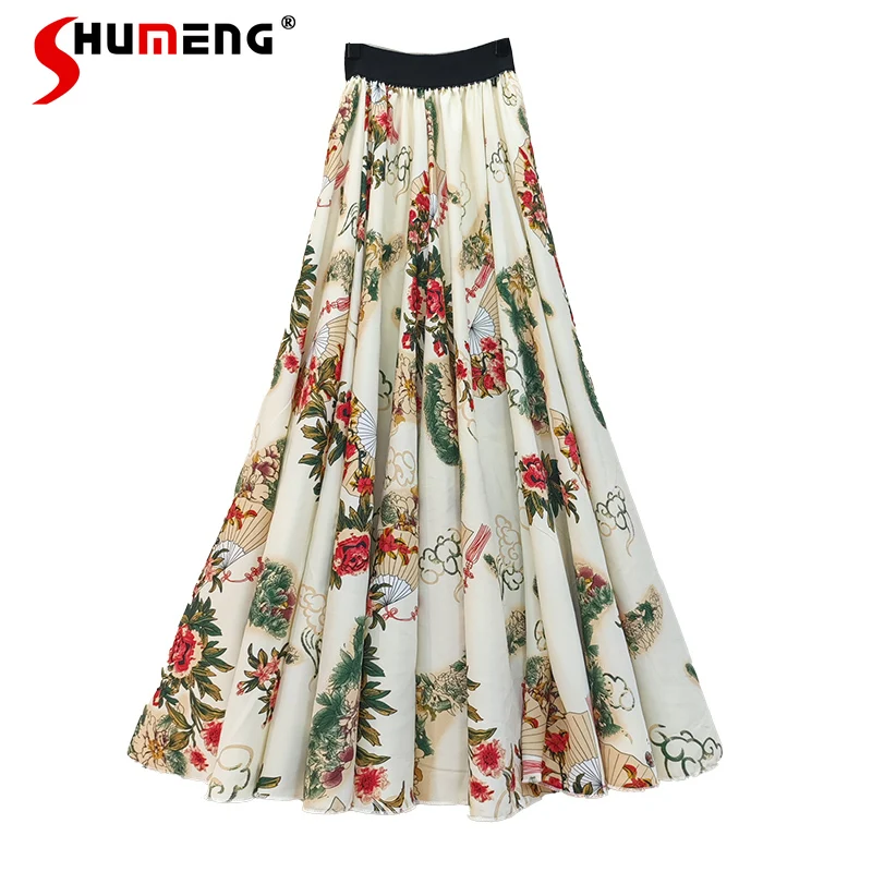 new-chinese-style-satin-midi-skirt-ladies-2024-spring-new-sweet-printing-high-waisted-large-swing-mid-length-skirts-for-women