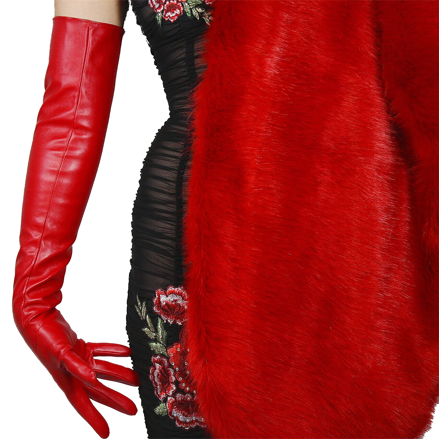 

DooWay Women's Super Long Gloves Red Faux Patent PU Sexy Opera Glossy Cosplay Halloween Nightclub Costume Dressing Finger Glove