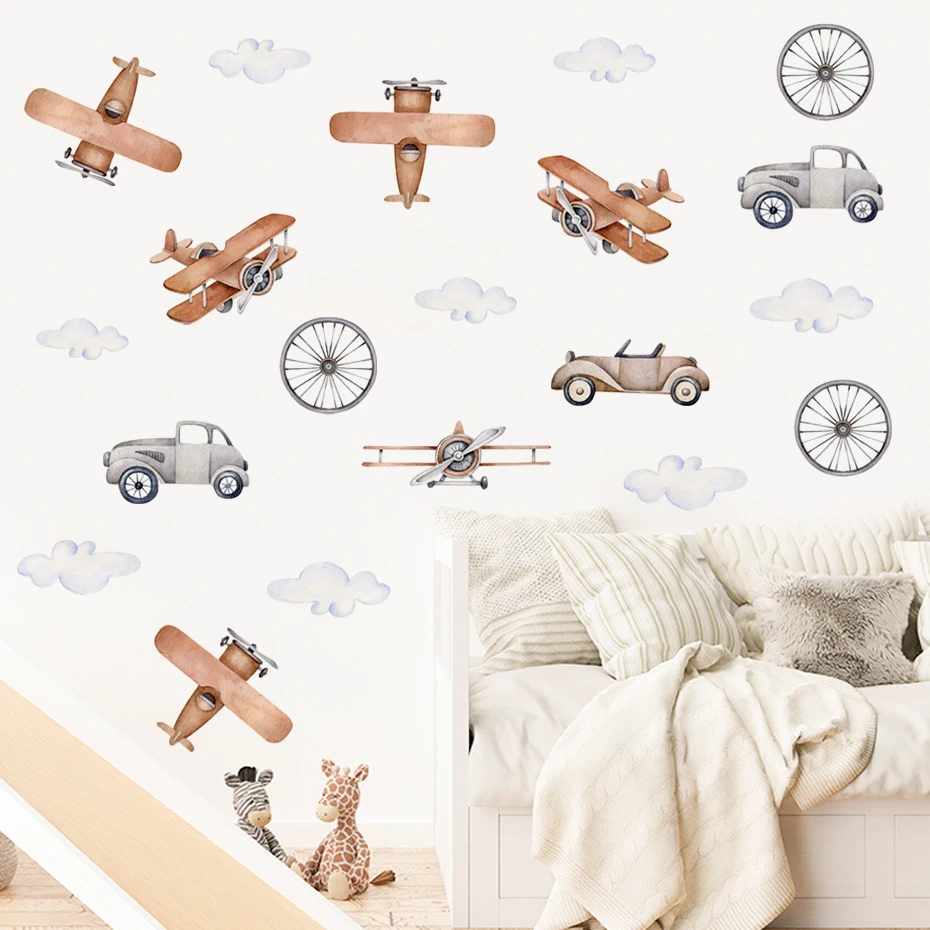 Wall Stickers Hand Drawn Watercolor Cartoon Vehicles Car Bus Wall Stickers For Kids Room Boys Room Nursery Decoration