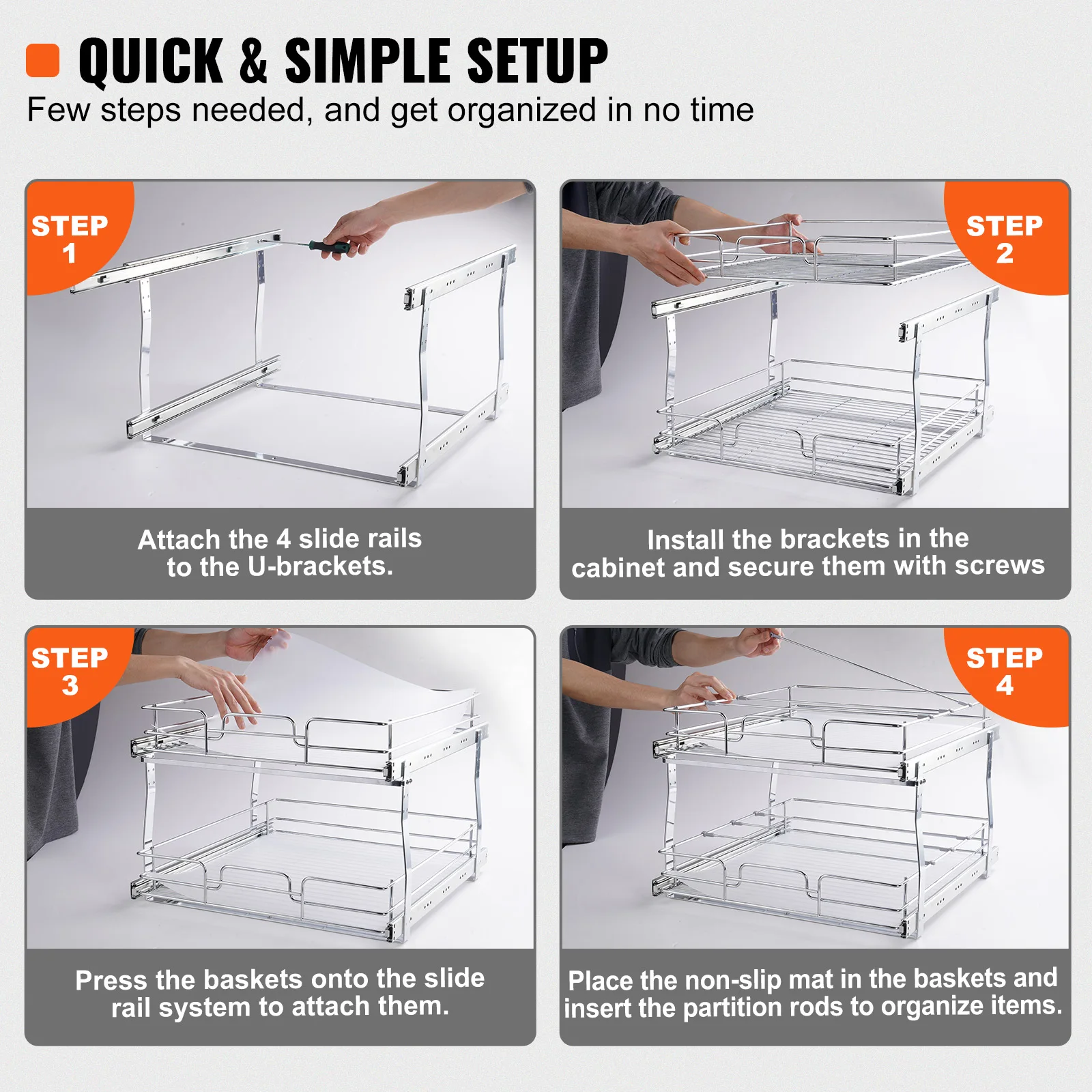 Organizer per armadietti da dispensa con cassetto estraibile sotto il lavandino, resistente, capacità di carico di 15 kg, ideale per armadi e armadi superiori, bianco (19 x 36 x 31 cm