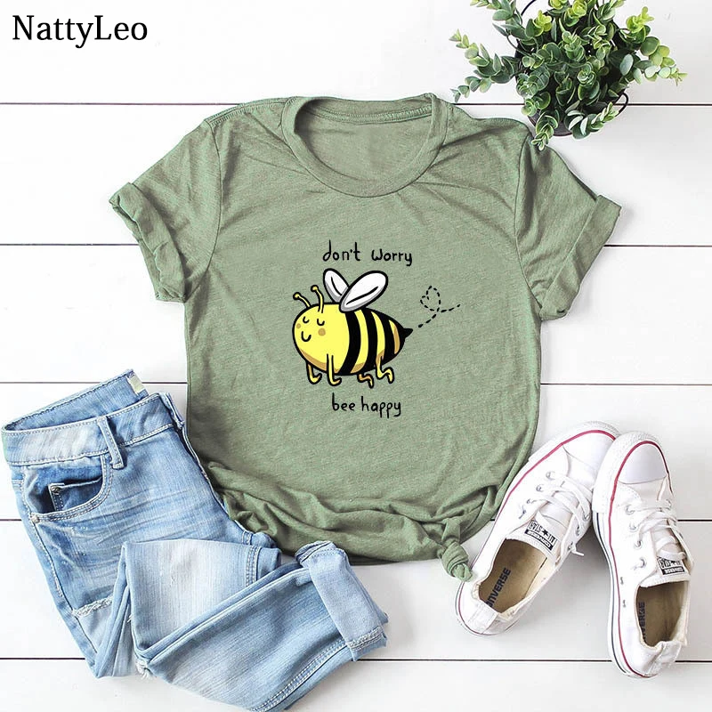 

Spring 100%Cotton Tshirt Woman Tshirts Lovely Bee Letter Print Shirt O-Neck Short Sleeve Tees Graphic Kawaii Clothes Cool