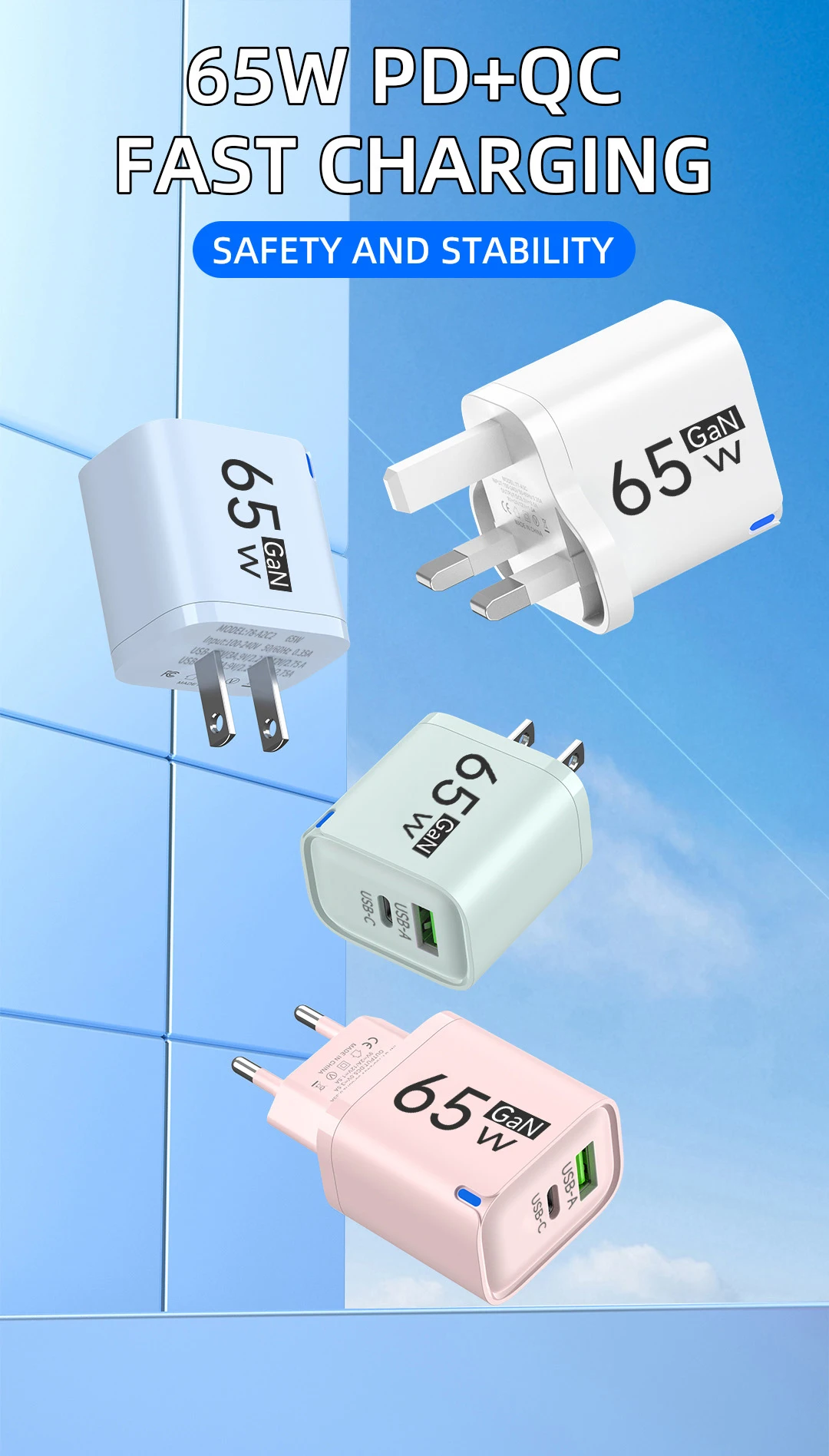65W GaN USB-C Ladegerät mit 3 Anschlüssen, Schnellladung für Mobiltelefone, QC3.0 Wandadapter für iPhone 16 17 Samsung Xiaomi Huawei, EU US UK Stecker – Detail 1