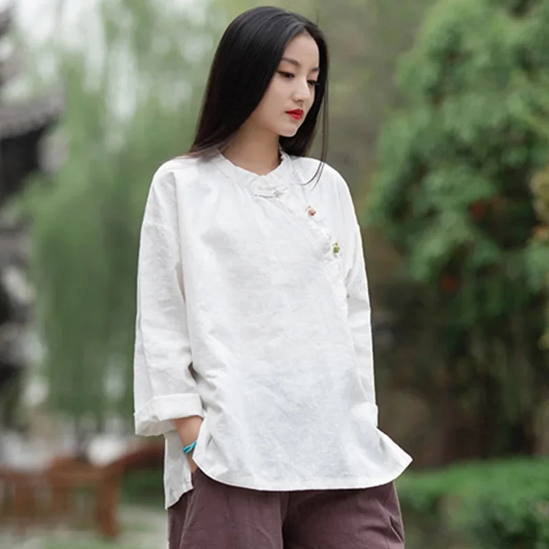 

QIWN Top for Women Vintage Cotton Linen Women's T-Shirts and Blouses Long Sleeve Tee Oversized t-shirt Female Clothes Overcocat