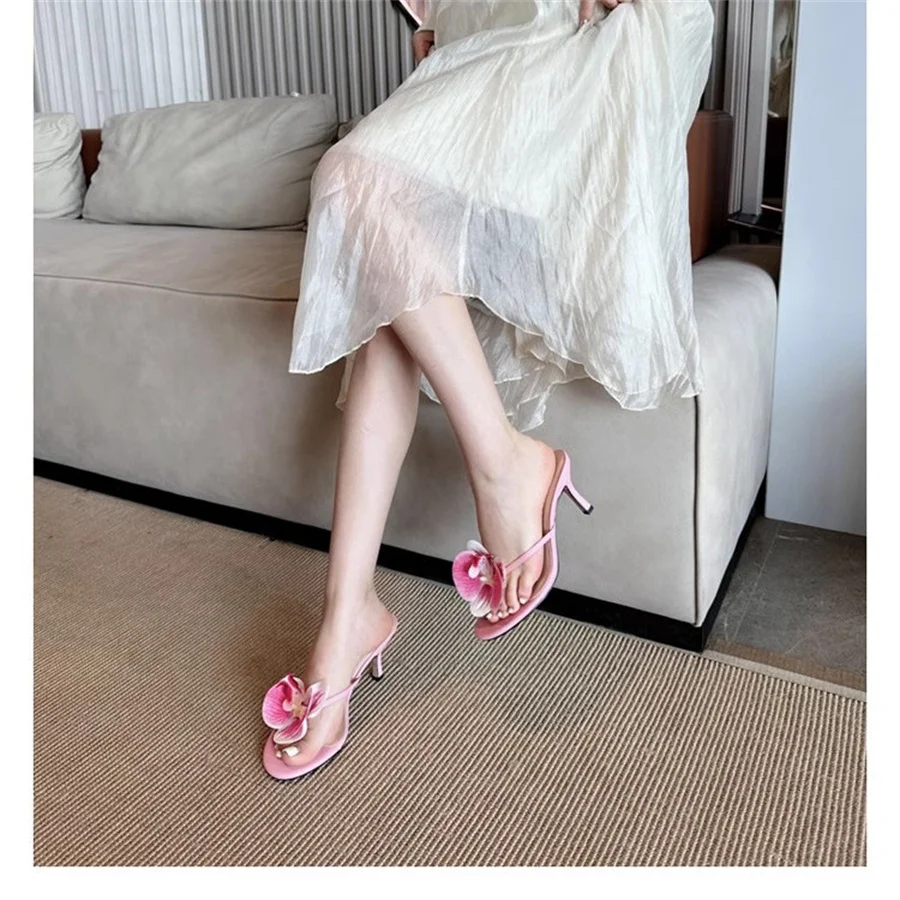 Flower Decoration Thin High Heel Clip Toe Slippers Women's Summer Outwear Fashion 2024 New Pink Green Color Slipper Sandals