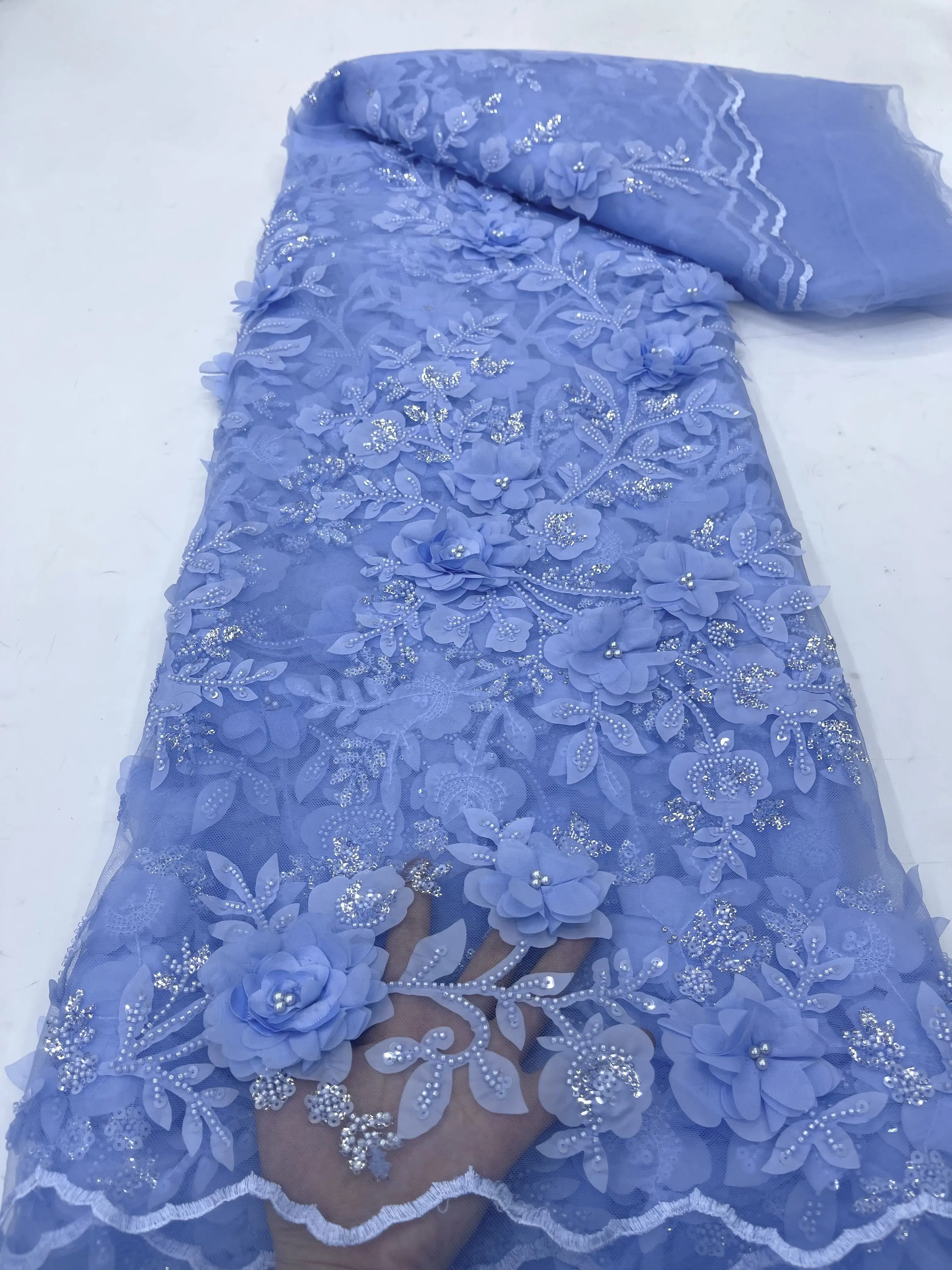 New Fashion Fabric French High Quality Handmade 3D Flowers Embroidery Net Lace With Sequins For Making Women Wedding Dress