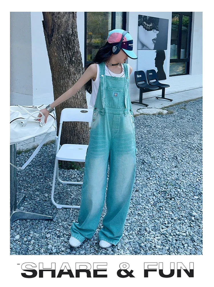 summer teen girls water washed punk wide leg jumpsuit junior kids loose slimming casual Cowboy overalls 4-14 child ropa trousers