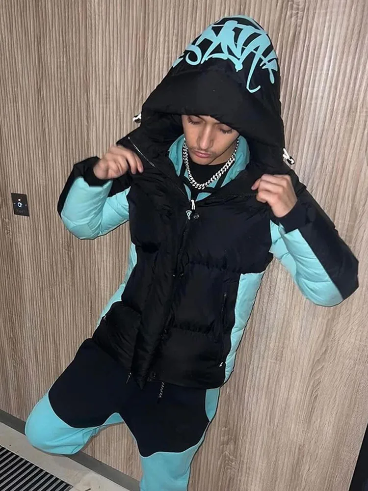 Punk Thicken Warm Men's Down Jacket Breathable Letter Printed Padded Coat Hoodies Jackets Y2k Autumn Winter Wadded Clothing down jacket