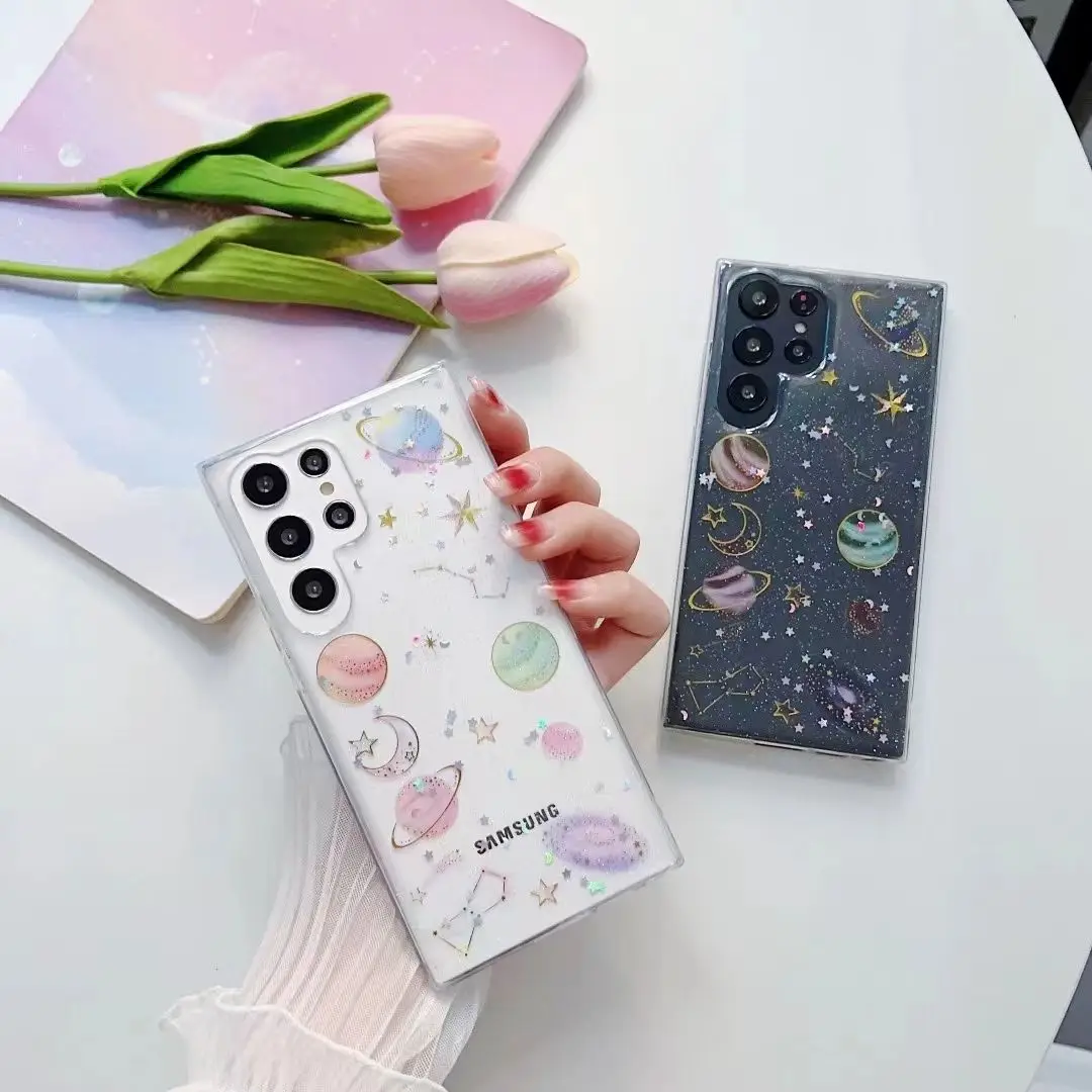 Cute Transparent Glitter Planet Phone Case For Samsung S23 S22 S20 S21 Ultra FE Plus A52 A53 A32 A14 A33 A23 Note 20 Soft Cover- S5ed4f57ee14c426c9a94fc8d6f3d901cf