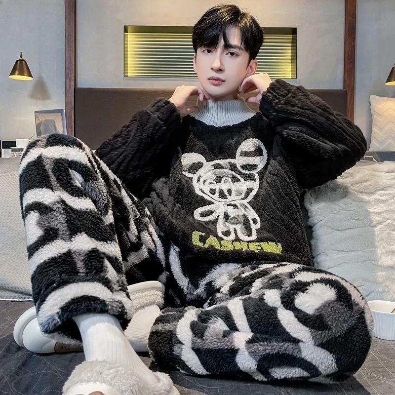Men Pajamas Autumn Winter Coral Fleece Thickened Fleece-lined Warm Loungewear Suit Teenagers Round Neck Casual Nightclothes Sets