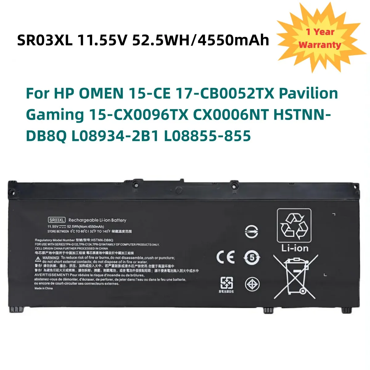 Batteria 11.55V 52.5Wh Sr03Xl Per Hp Omen 15-Ce Muslimah Pavilion Gaming Muslimcx0006Nt Hstnn-Db8Q L08934-2B1 L08855-855
