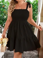 plus Size Ladies Solid Elastic Strap Butterfly Knot A-Line Halter Dress Vacation Gown Women's plus Size Clothing