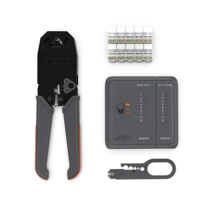 JIMIHOME All-in-one Ratcheting Modular Crimper LED Light Network Cable Tester RJ45 Connectors Household Network Service Tool Set