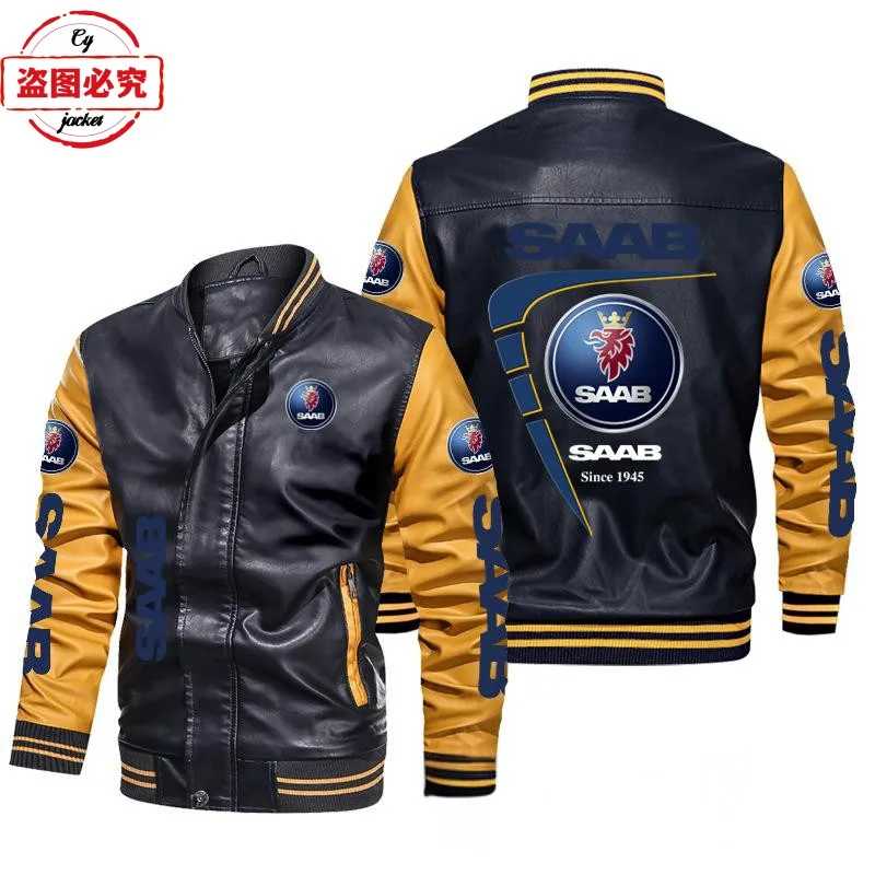 SAAB car LOGO color matching retro washed pu leather jacket men's SAAB team pilot jacket team suit 2