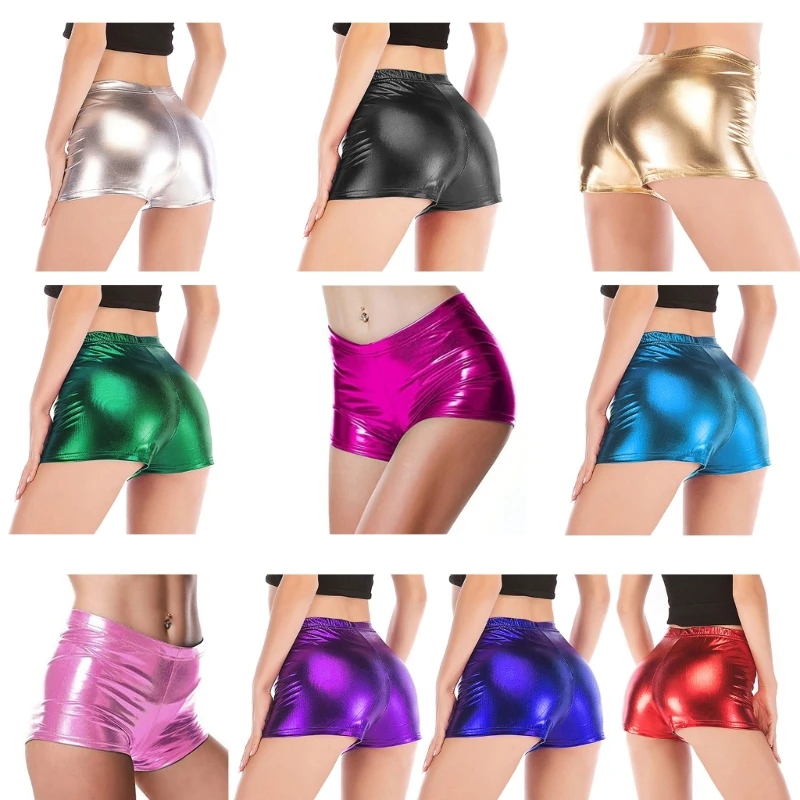 

Womens Sexy Glitter Short Pant Elastic High Waist Faux PU Leather Mini Shorts Metallic Party Club Booty Dance Shorts