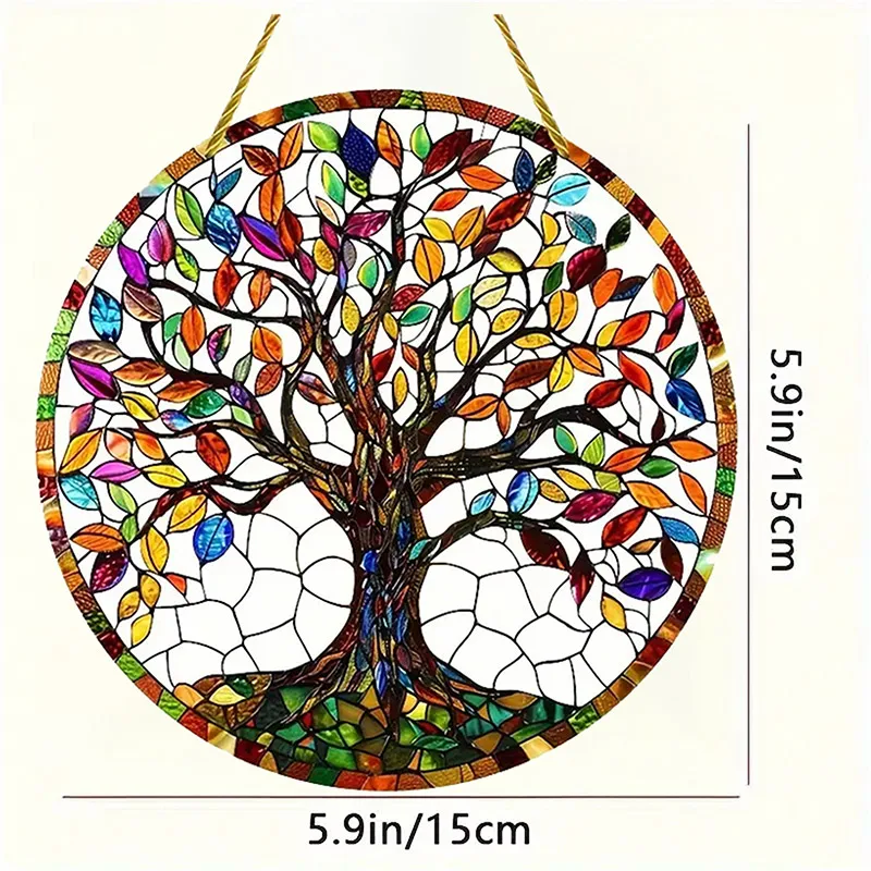 Stained Glass Window Wall Hanging Ornament With Gold Rope Round Tree Of Life Suncatcher Home Decoration Housewarming Gifts 5