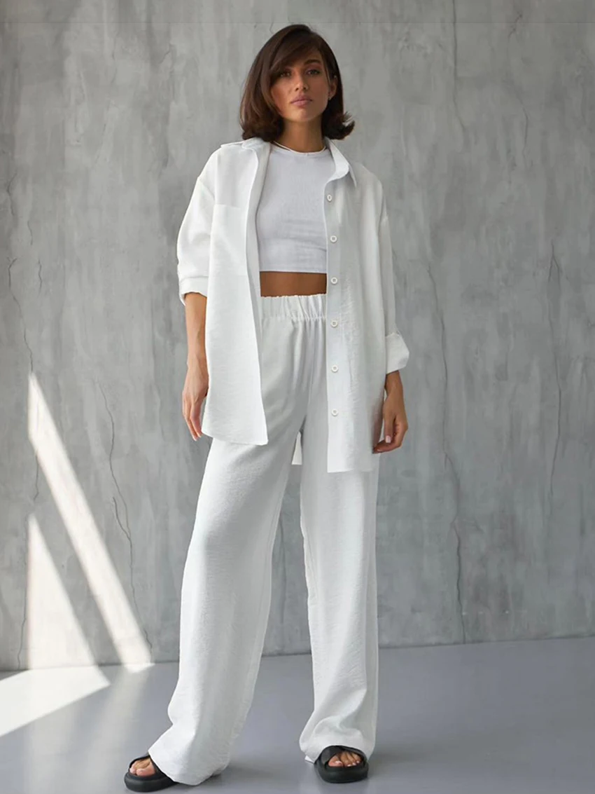 Marthaqiqi Autumn Femme Pajama 2 Piece Suit Turn-Down Collar Nightwear Long Sleeve Nightgown High Waist Pants Ladies Nightie Set