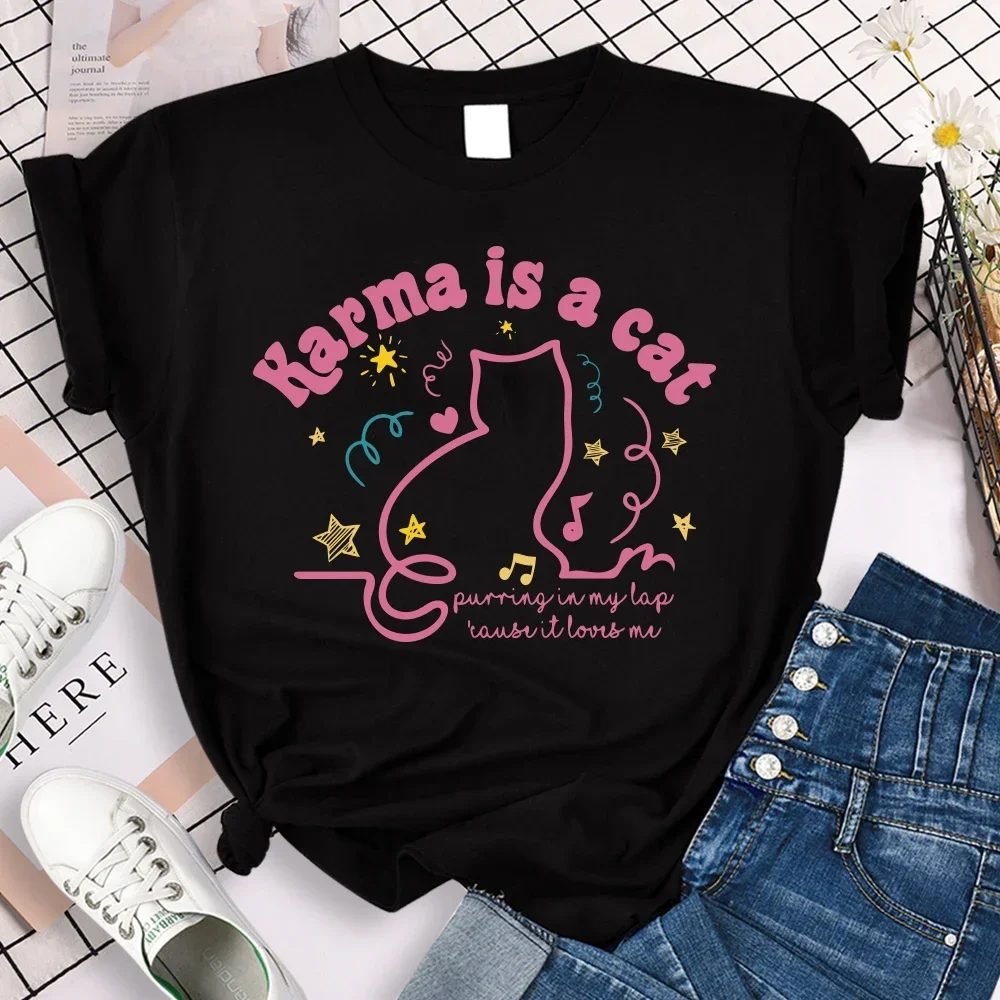 Karma Is A Cat T Shirt Midnights Retro T-Shirt Meet Me At Midnight Shirt Cute Cat Shirt Women Clothes Summer Tees Fans Gift