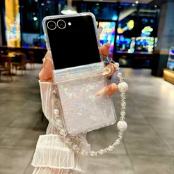 Elegant Shell Pattern Beaded Bracelet Case with Hand Wrist Chain - Acrylic Hard Cover - Galaxy Z Flip5 (XCSL)