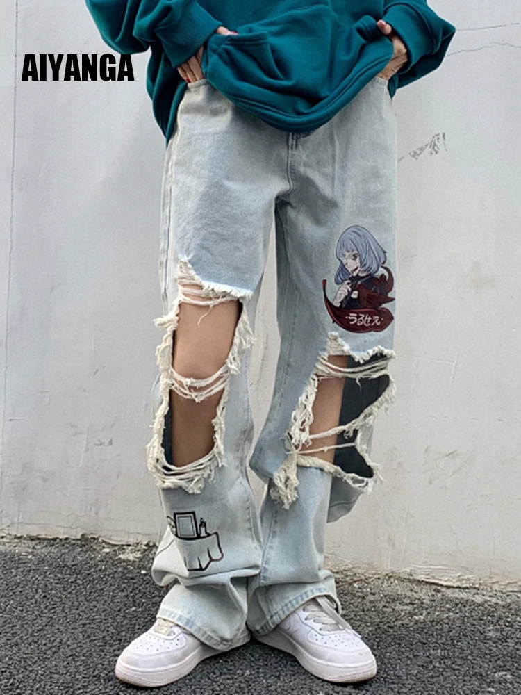 

Blue Ripped Y2k Women's Distressed Jeans Streetwear Hole Hip Hop High Waist Pants Fashion Straight Denim Trousers Ladies 2022
