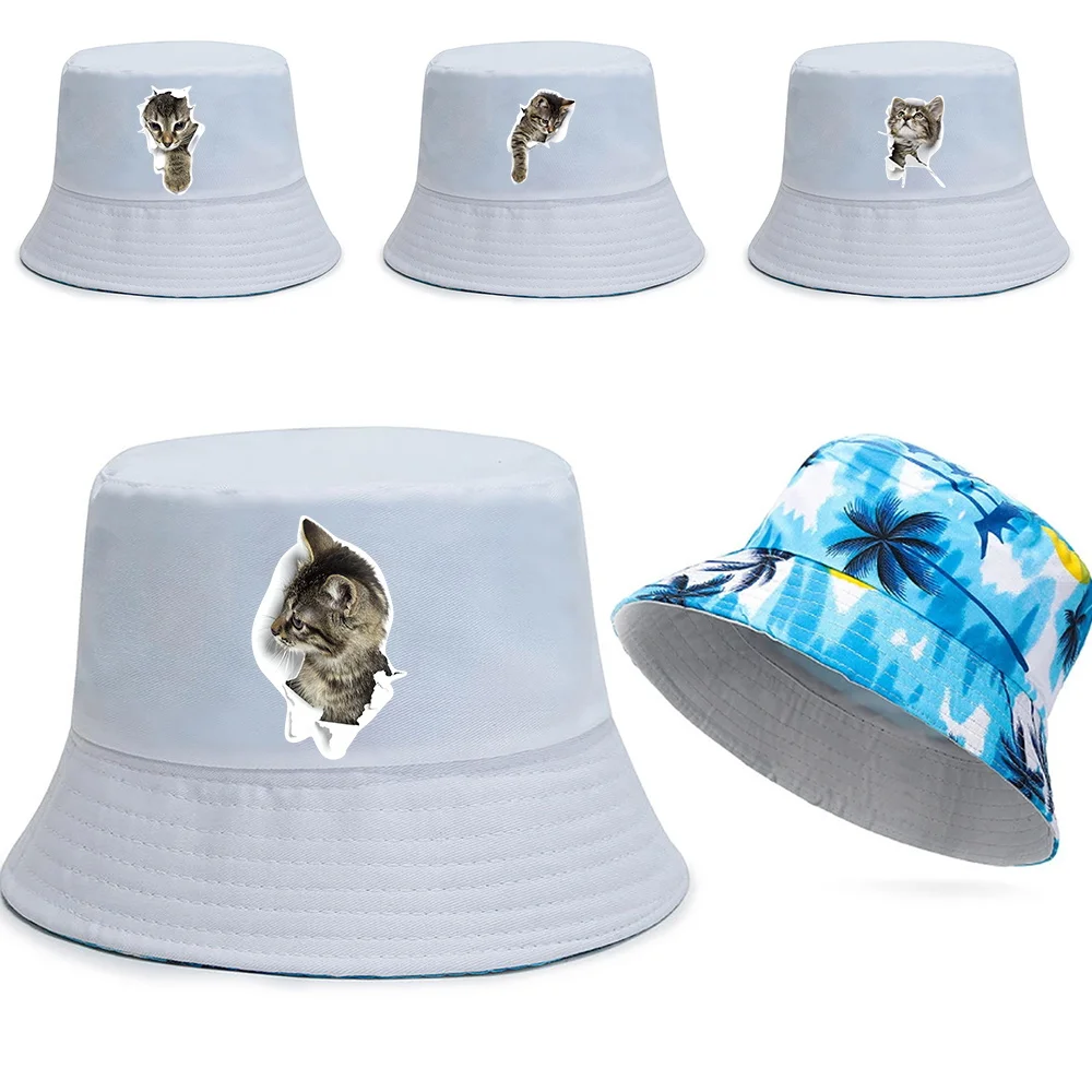 

Trend Cotton Fisherman Hat Cute Cat Printed Series Bucket Hats Reversible Hawaii Caps Men Casual Panama Cap Women Beach Sun Hats