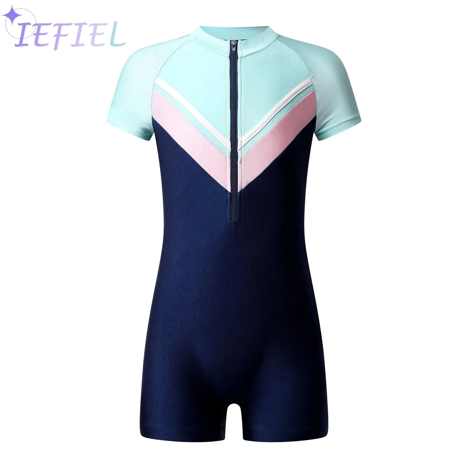 

Kids Girls One-piece Shorty Wetsuit Swimsuit Patchwork Jumpsuit Surfing Bathig Suit Pool Beach Athletic Swimwear Rash Guards
