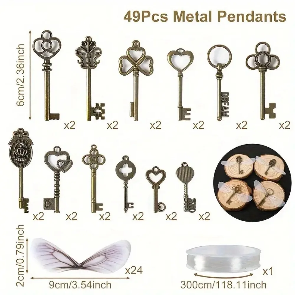 49pcs/set Vintage Skeleton Keys Dragonfly Pendant Set Bronze Realistic Flying Key Hanging Decoration DIY