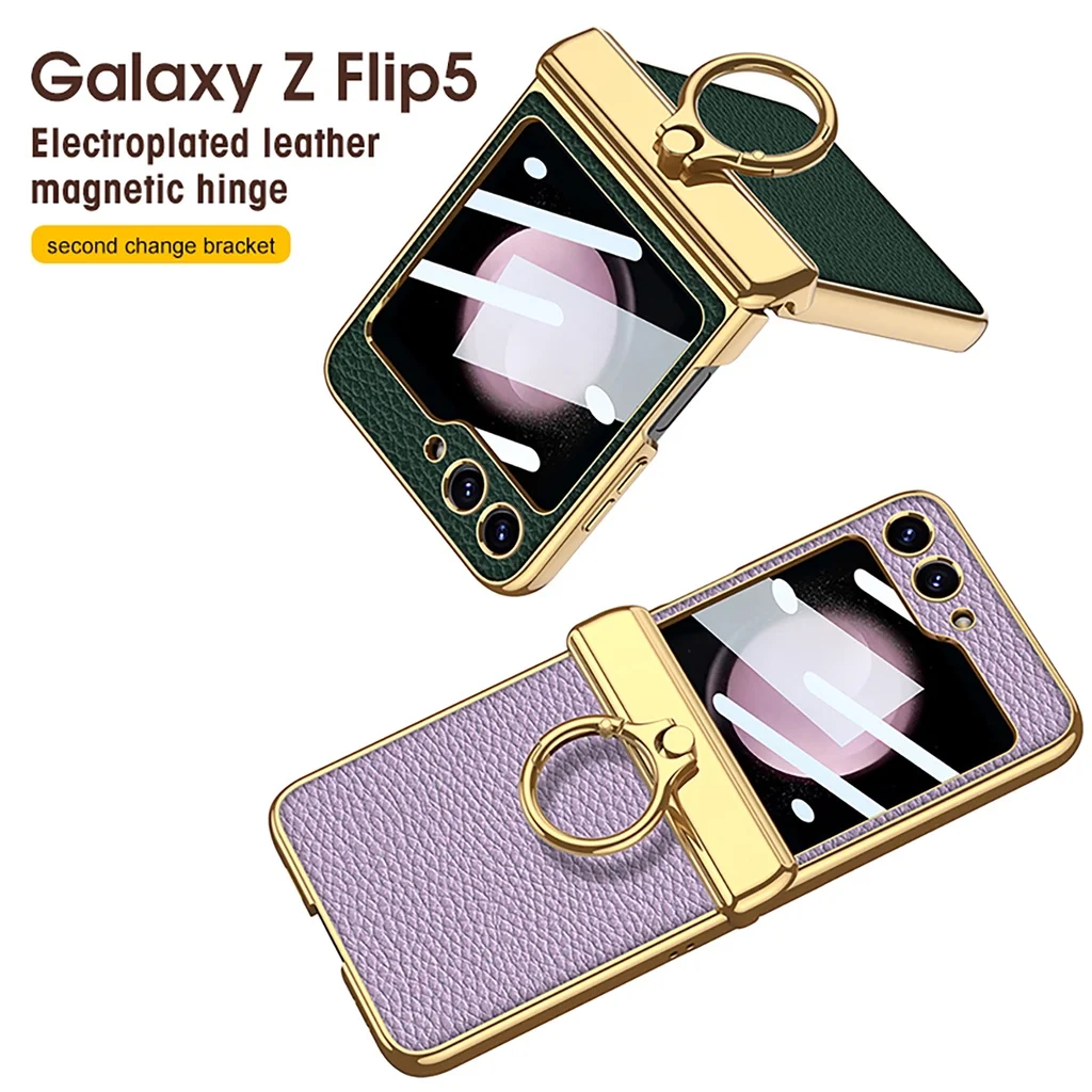 Luxury Magnetic Hinge Protector Electroplated Frame Phone Case Cover For Samsung Galaxy Z Flip 5 5G Case With Ring Holder