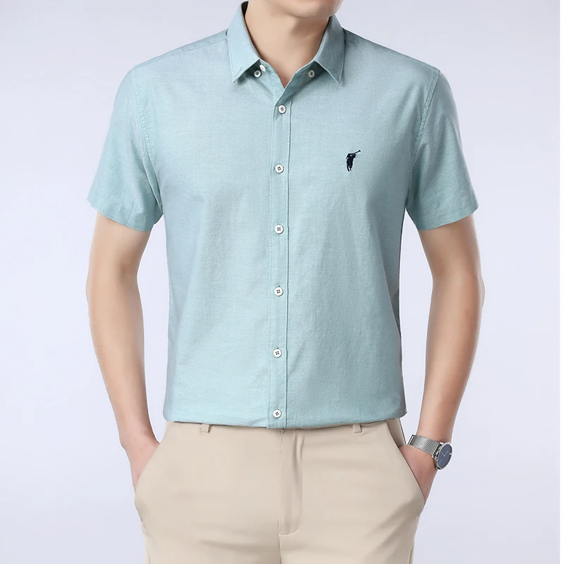 Solid Color Cotton Embroidered Small Horse Logo Shirt, Men's Short Sleeved Casual Versatile High-end Spring and Autumn Shirt