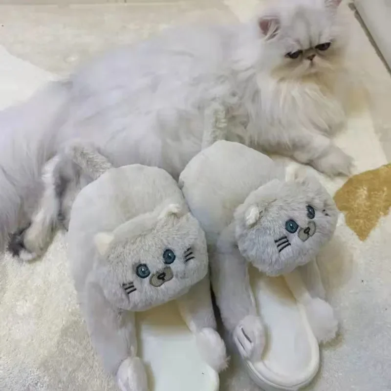 Cartoon Cat Slippers Women Men Winter Home Slides Kawaii Floor Shoes Furry Slippers Girl White Mules Funny Cute Gift Slippers