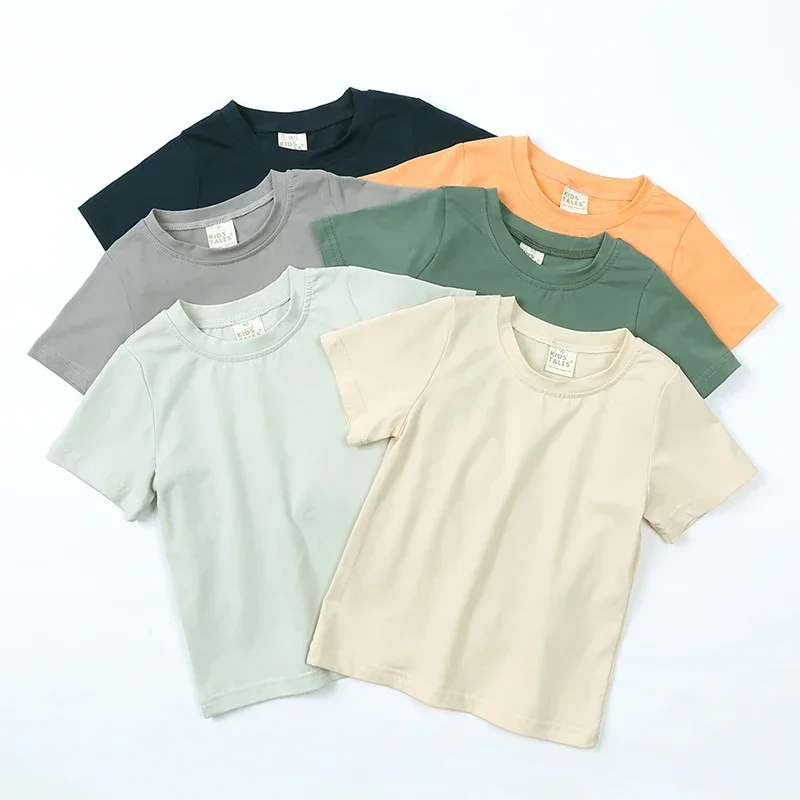 2025 Summer Kids Boys Girls T-shirt Solid Cotton Breathable Teenager Short Children Casual Shirt For 12M-9T Baby Korean Top 2