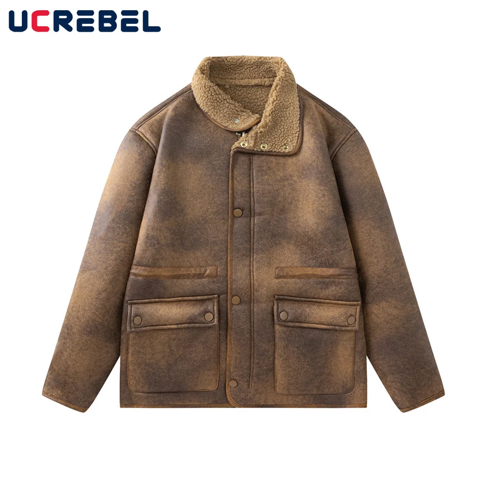 

Double-sided Sherpa Leather Jacket Mens Streetwear Lapel Loose Winter Thick Long Sleeve Outerwear Men Outerwear