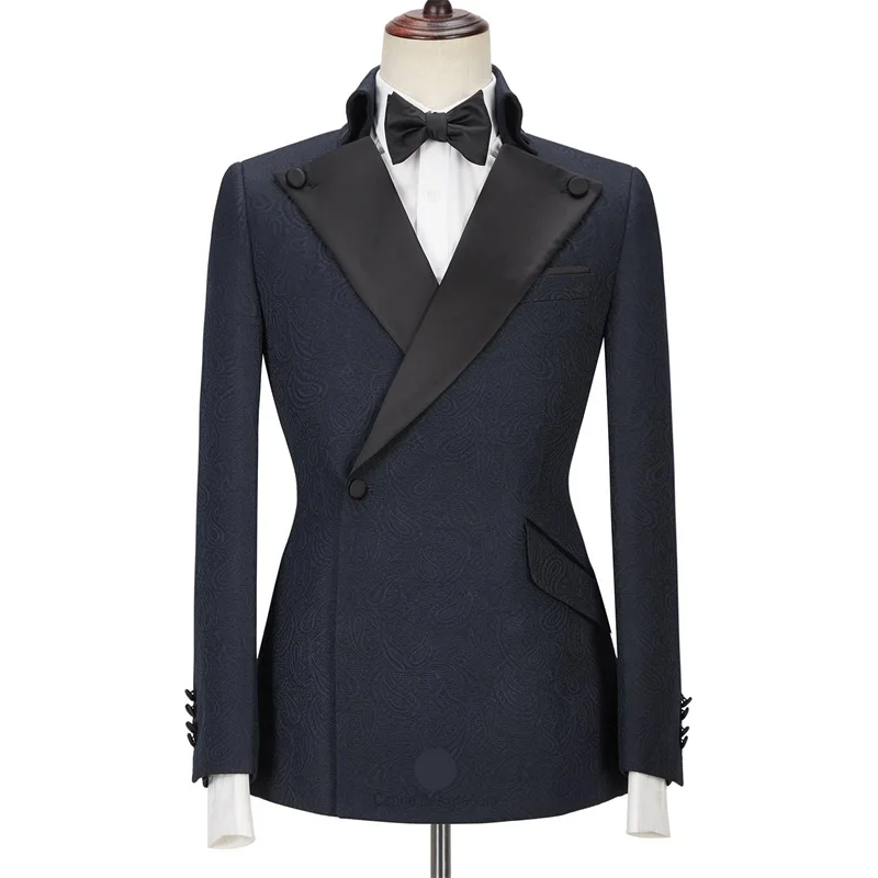 Jacquard Men Suits Set For Wedding Formal Groom Tuxedo 2 Pcs Navy Blue Blazer+Black Pants Custom Made Party Jacket Male Coat