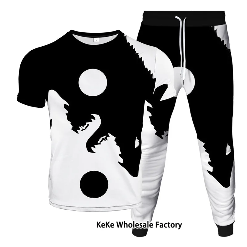 Fall Jogger Outfits Wolf Animal Moon Printed Men's T-Shirts Trousers 2piece Sets Personality Tracksuit Suit S-4XL Short-Sleeves 2 pieces sets men fashion striped printed short sleeves single breasted loose shirts and shorts joggers streetwear hip hop set